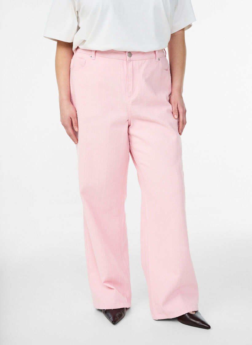 Myra jeans i farvet denim med wide fit og teksturm&oslash;nster, Lyser&oslash;d, Model image number 2