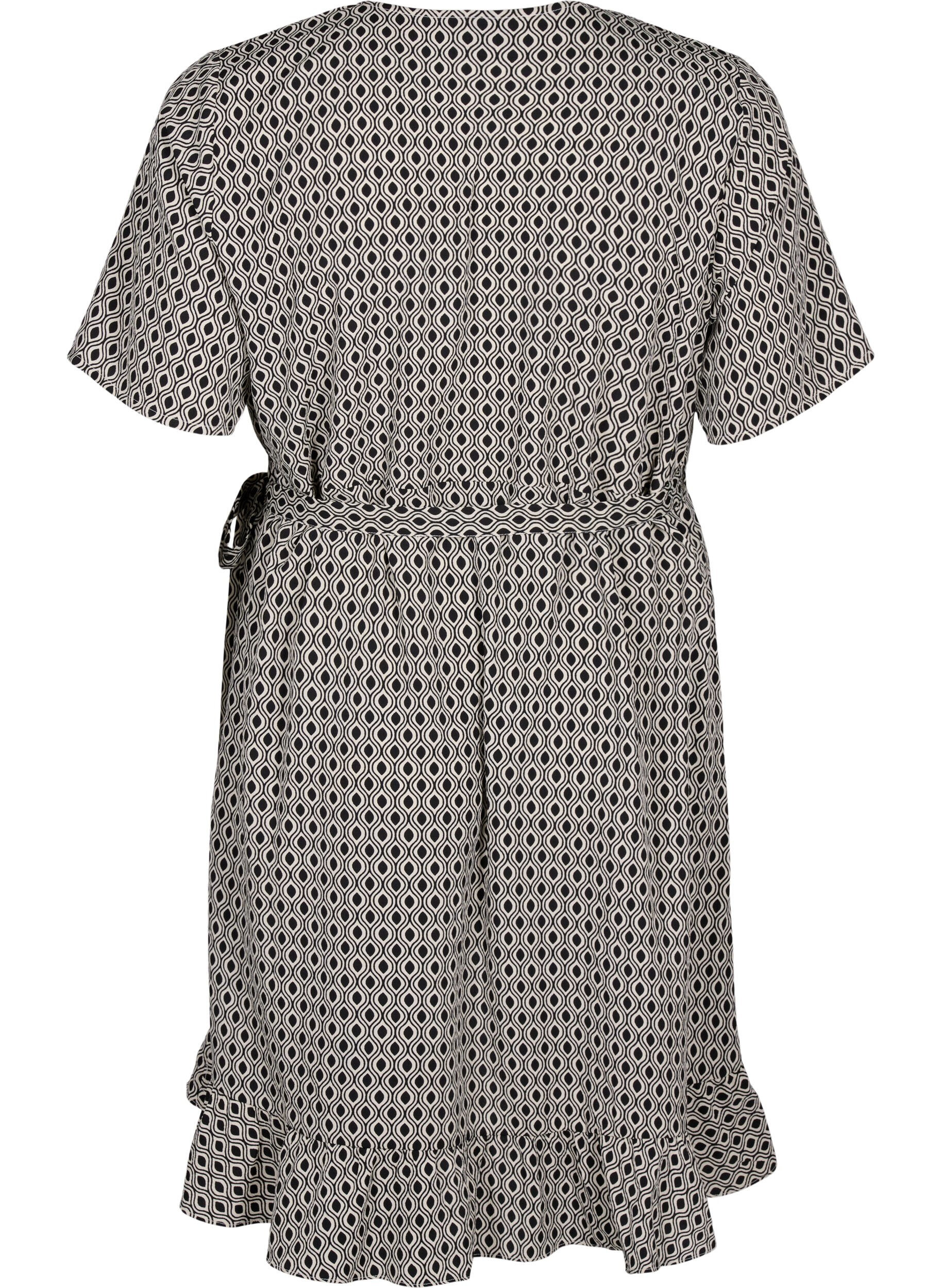 Zizzi FLASH - Wrapkjole med korte &aelig;rmer, Black White Graphic, Packshot image number 1
