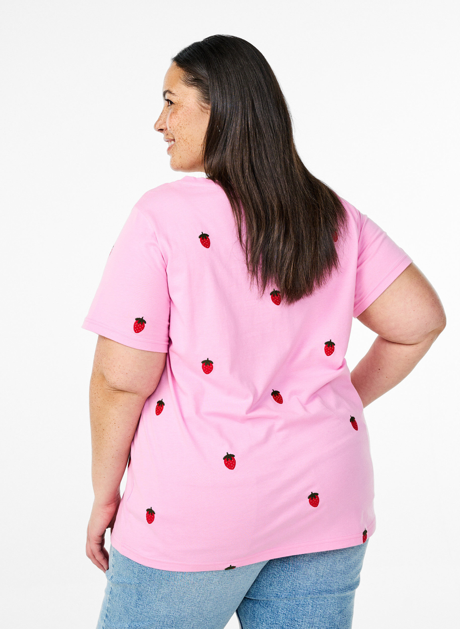 Zizzi T-shirt i &oslash;kologisk bomuld med broderede motiver, Lyser&oslash;d, Model image number 2