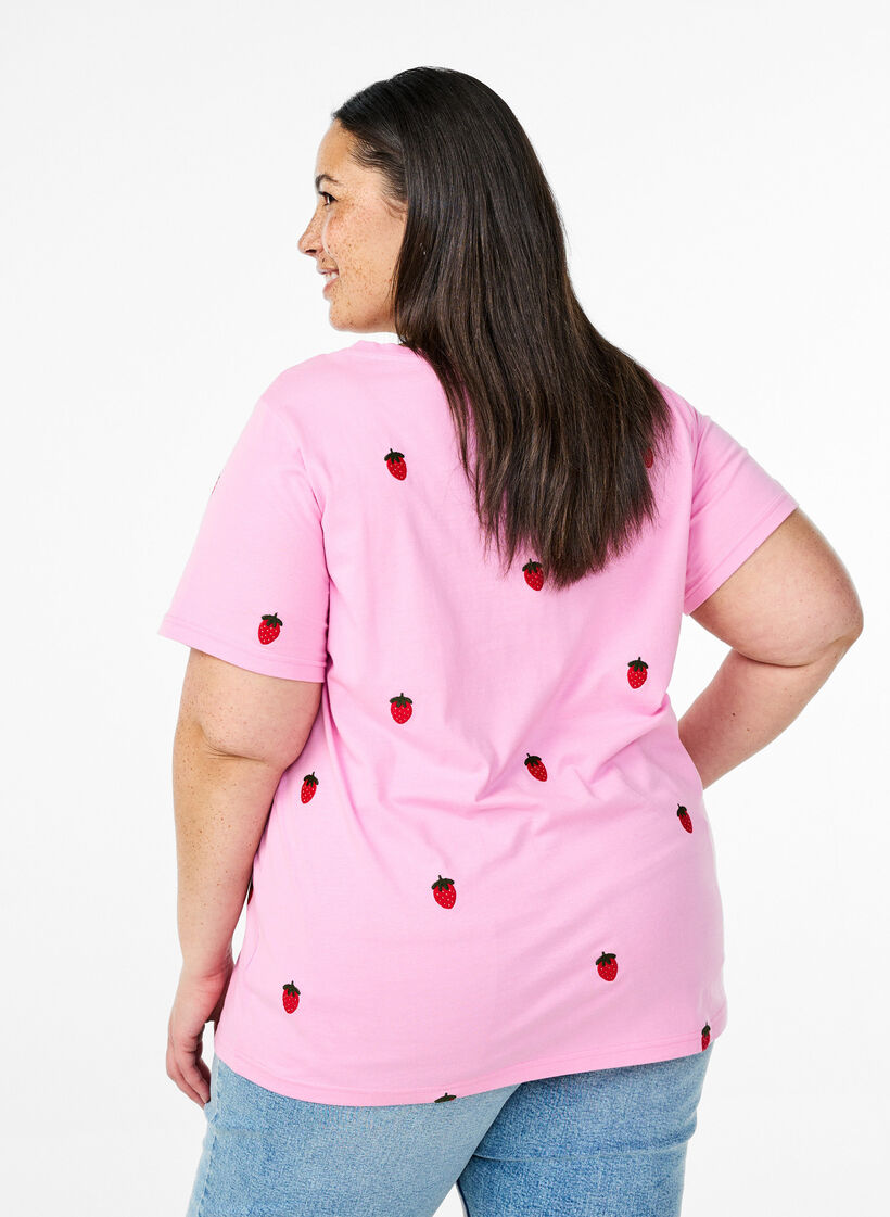 T-shirt i &oslash;kologisk bomuld med broderede motiver, Lyser&oslash;d, Model image number 2