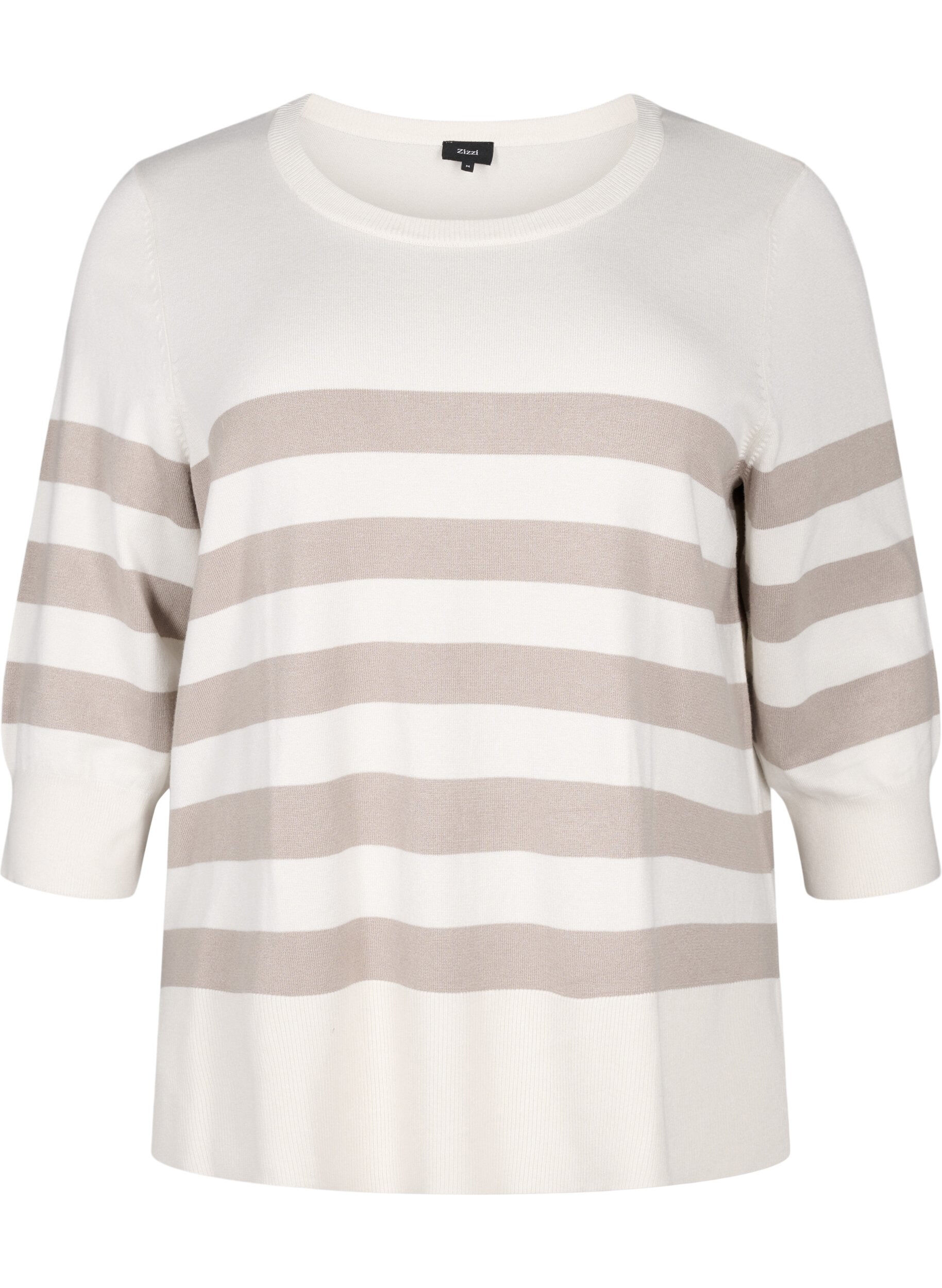 Zizzi Stribet strikbluse i viskose med 3/4 &aelig;rmer, Birch/Simply Taupe, Packshot image number 0