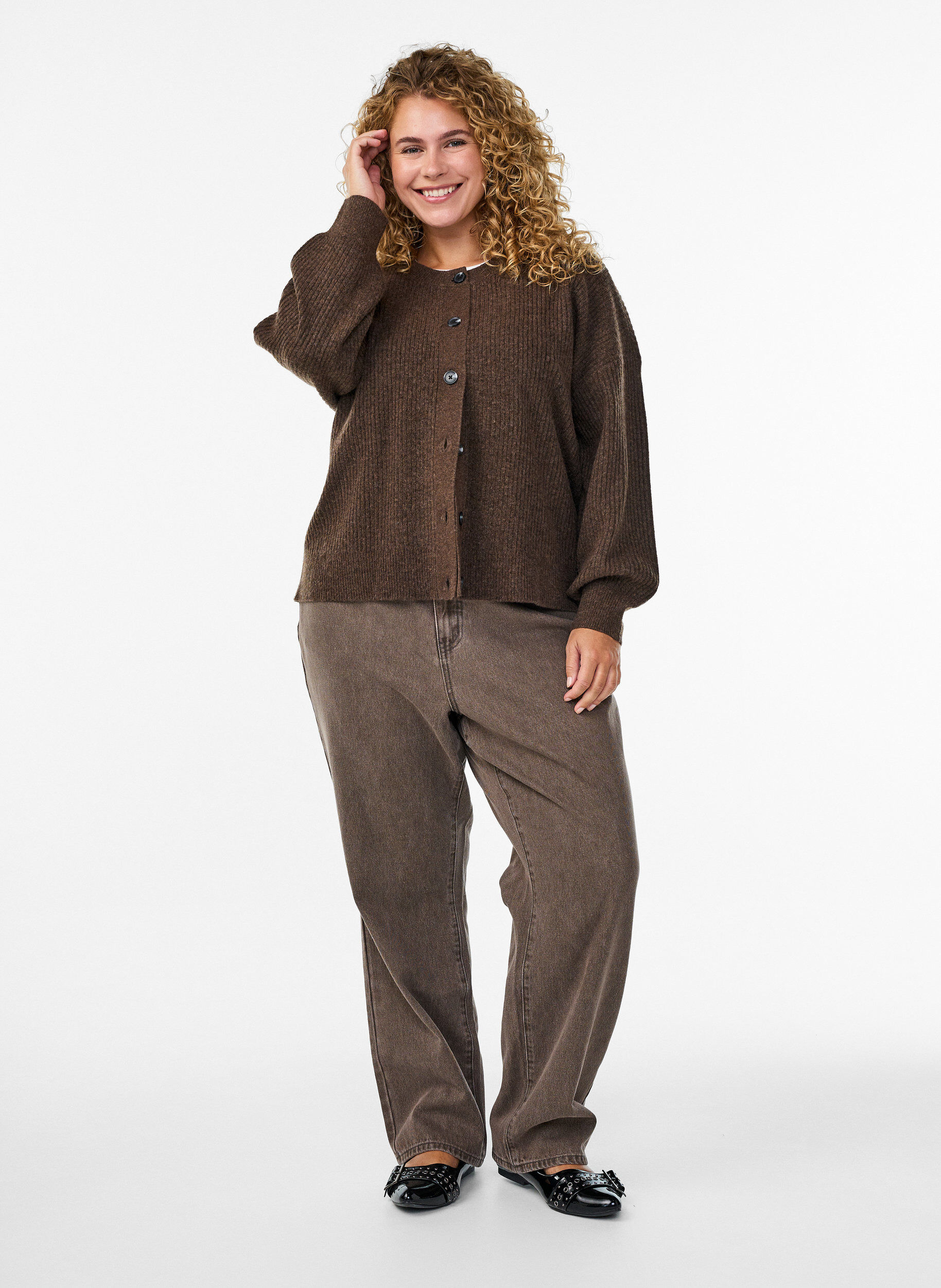 ZizziRibstrikket cardigan med knapper, Brun, Model image number 1