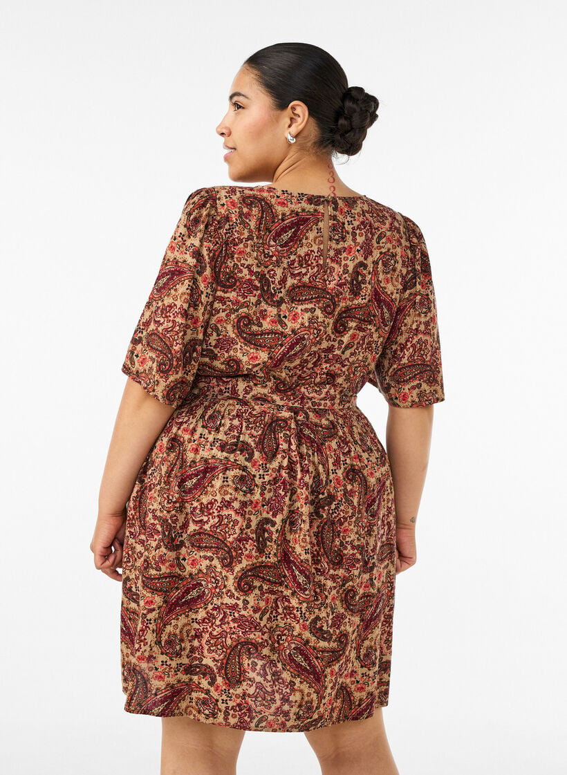 Kjole med paisleyprint og bindeb&aring;nd, Brun, Model image number 2