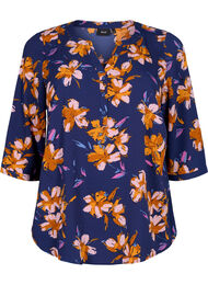 Blomstret bluse med 3/4 ærmer, Peacoat Flower AOP