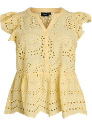 &AElig;rmel&oslash;s bluse i broderie anglaise med fl&aelig;ser, Gul