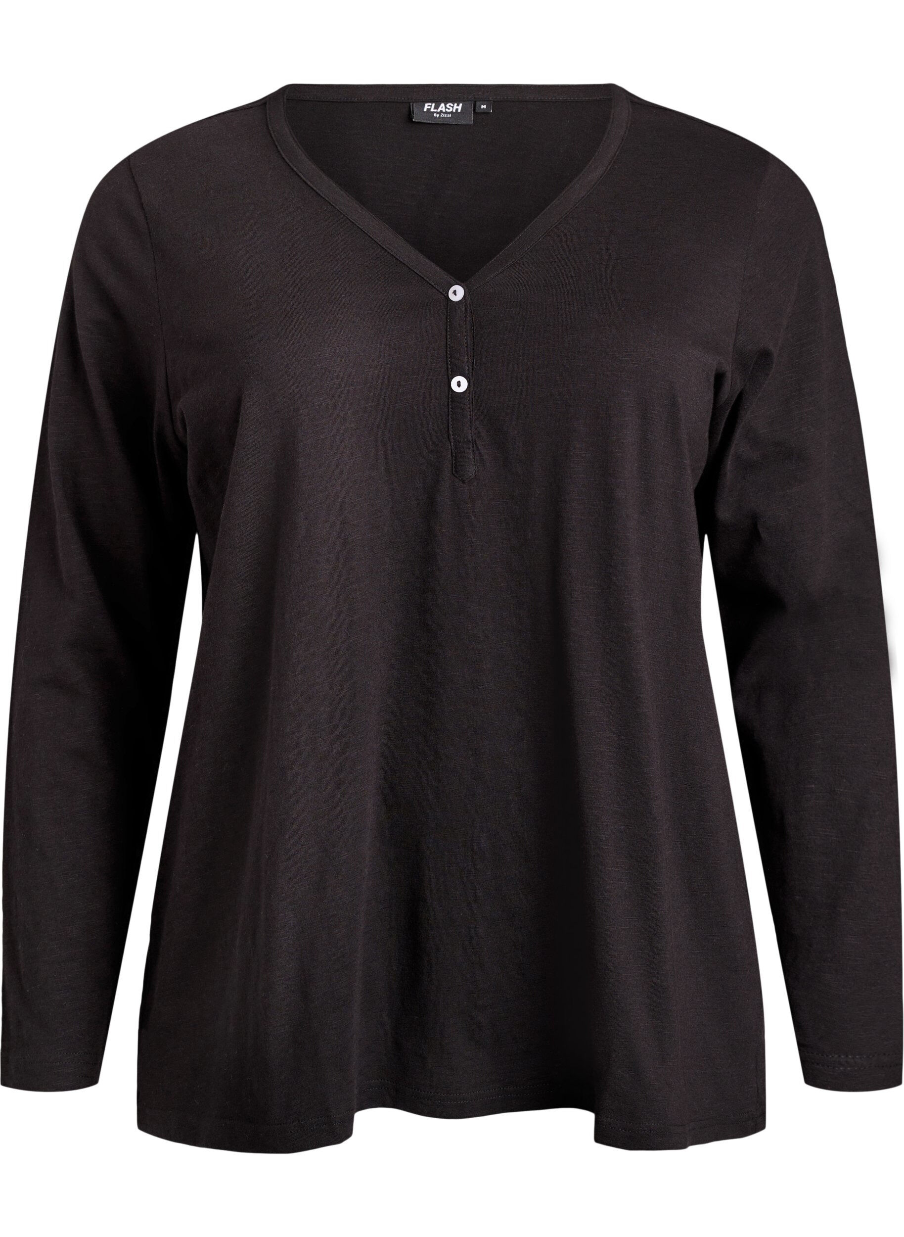 ZizziLang&aelig;rmet t-shirt med V-hals og knapper, Sort, Packshot image number 0