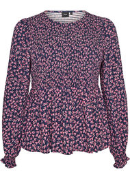 Bluse med smockoverdel og blomsterprint, Bl&aring;