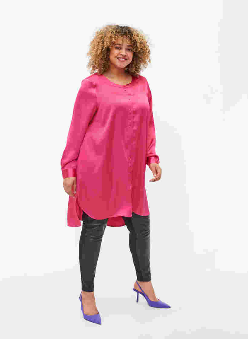 Lang shiny skjorte med slids, Pink Flambé, Model image number 2
