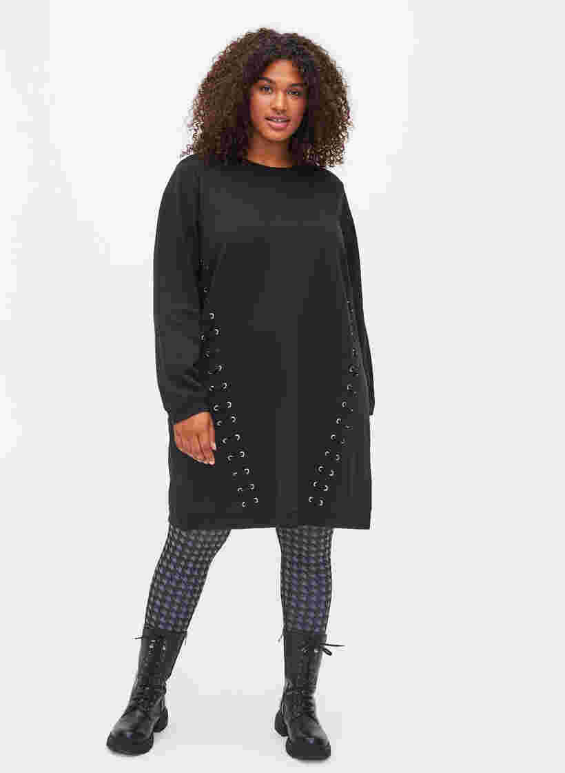 Bomulds sweat tunika med snøredetaljer, Black, Model image number 2