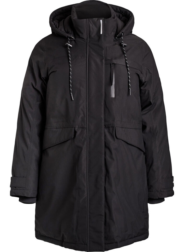 Vandafvisende parka med h&aelig;tte og funktionelle detaljer, Sort, Packshot image number 0