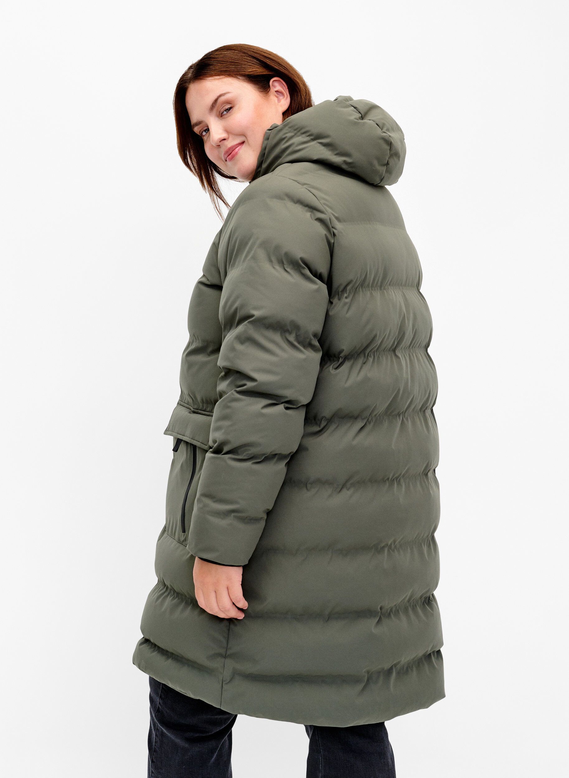 ZizziPufferfrakke med h&aelig;tte og lommer, Gr&oslash;n, Model image number 2