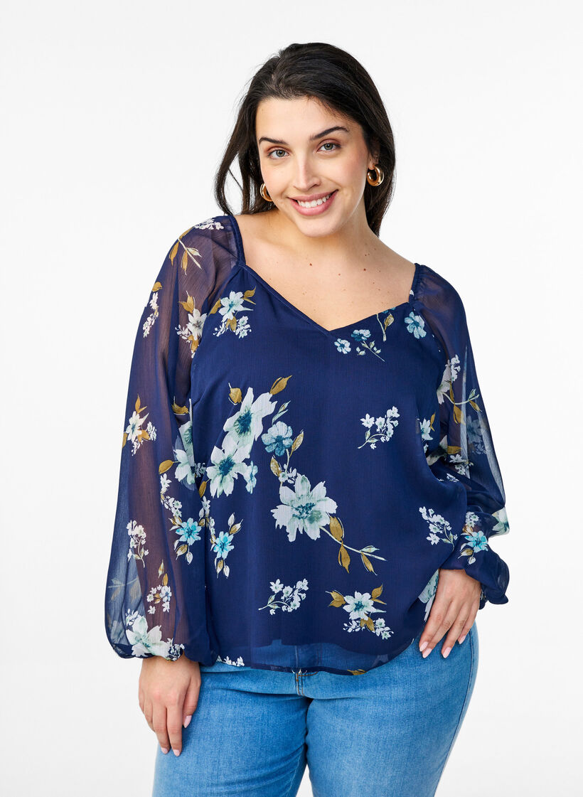 Chiffonbluse med blomster og lange ærmer , Blå, Model image number 0