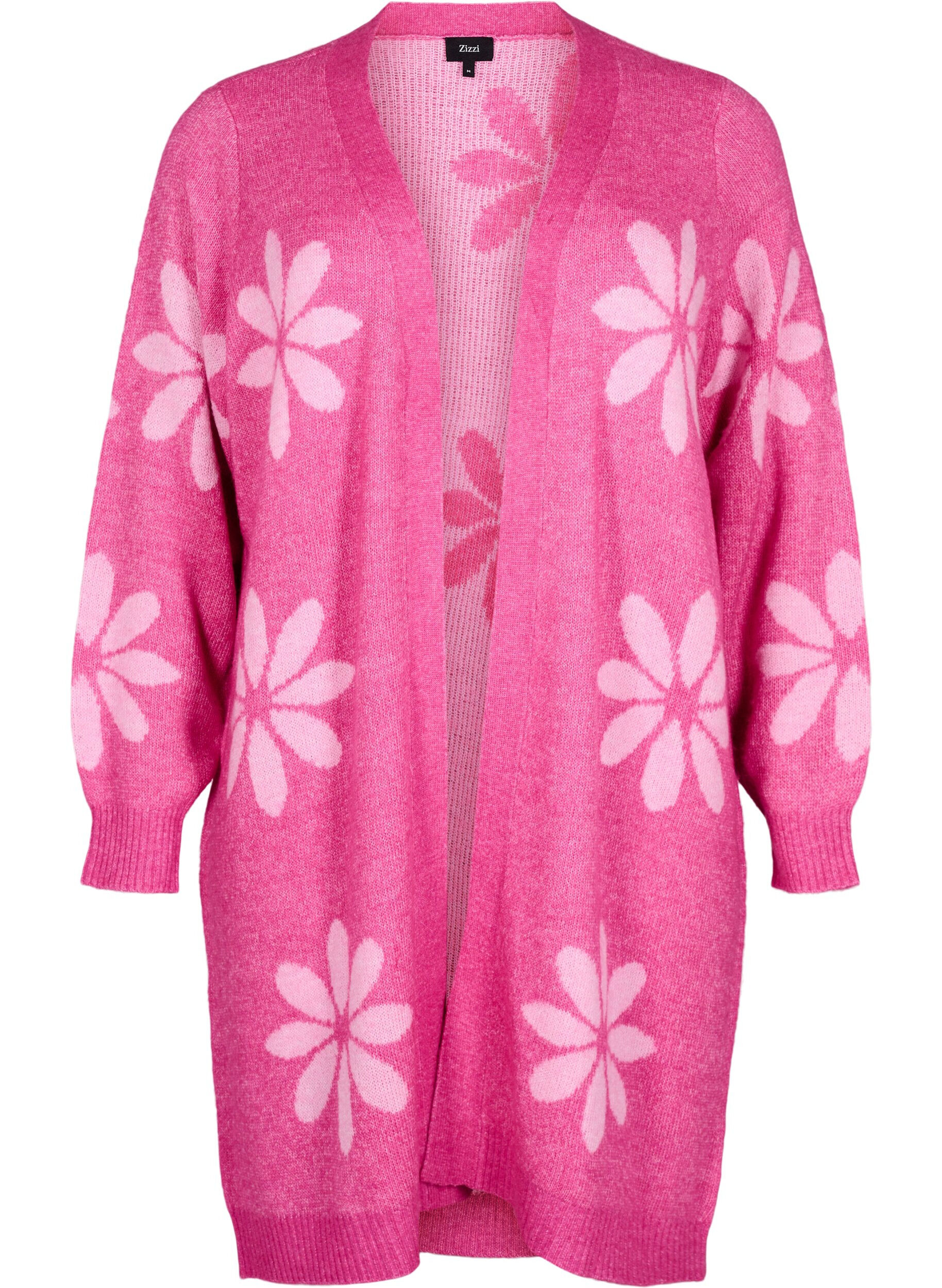 Zizzi Lang strik cardigan med blomster, Raspberry Rose Comb, Packshot image number 0