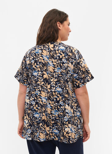 FLASH - Bluse med korte ærmer og print, Brown Blue Flower, Model image number 1