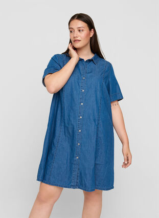 Denim skjortekjole med korte ærmer, Medium Blue denim, Model image number 0
