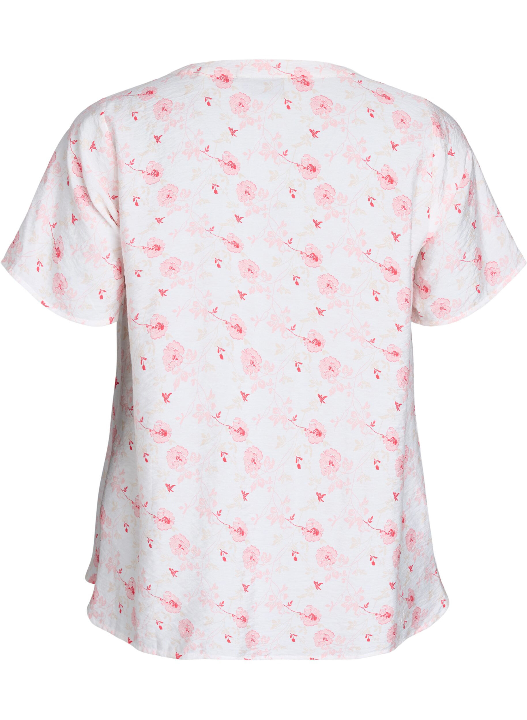 Zizzi Kort&aelig;rmet skjortebluse med blomsterprint, Lyser&oslash;d, Packshot image number 1
