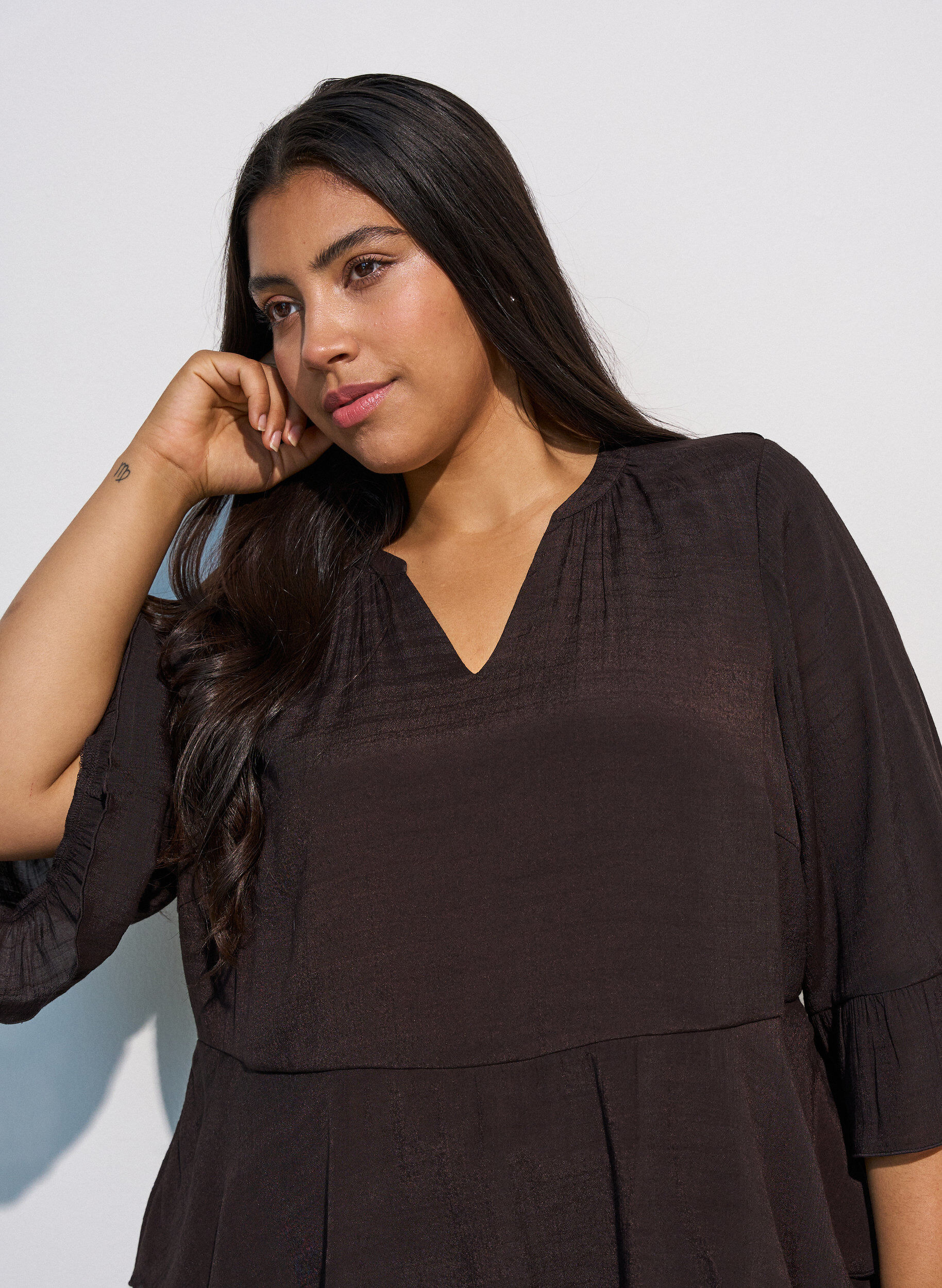 ZizziBluse med 3/4-&aelig;rmer og fl&aelig;sedetaljer, Brun, Model image number 3