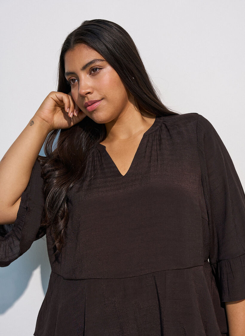 Bluse med 3/4-&aelig;rmer og fl&aelig;sedetaljer, Brun, Model image number 3