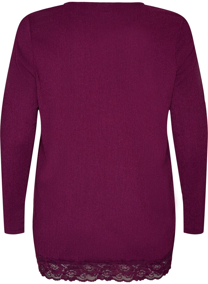 Jerseybluse med asymmetrisk blondekant, Lilla, Packshot image number 1