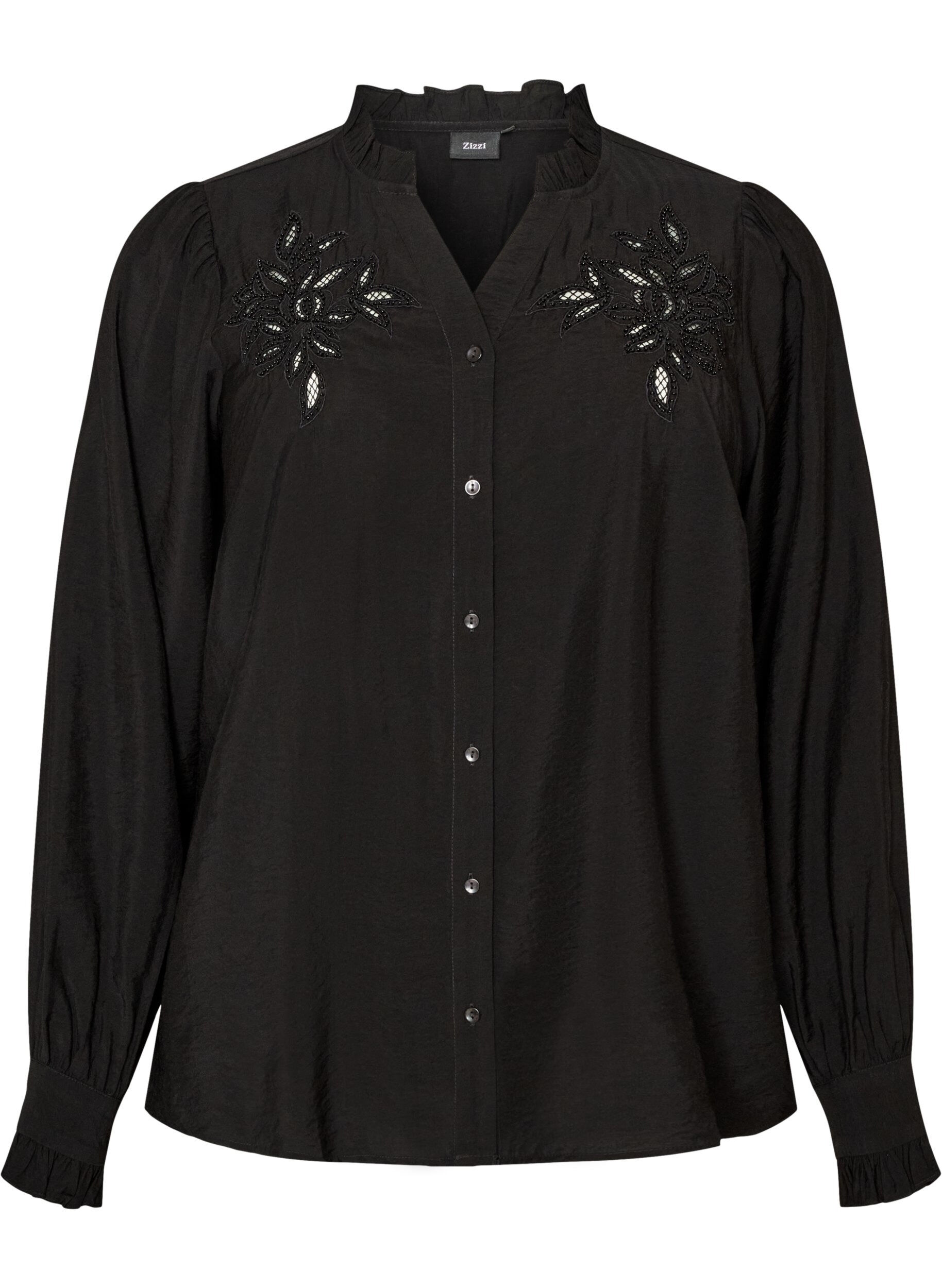 Skjortebluse med broderede blomsterapplikationer