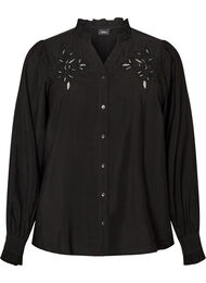 Skjortebluse med broderede blomsterapplikationer, Sort