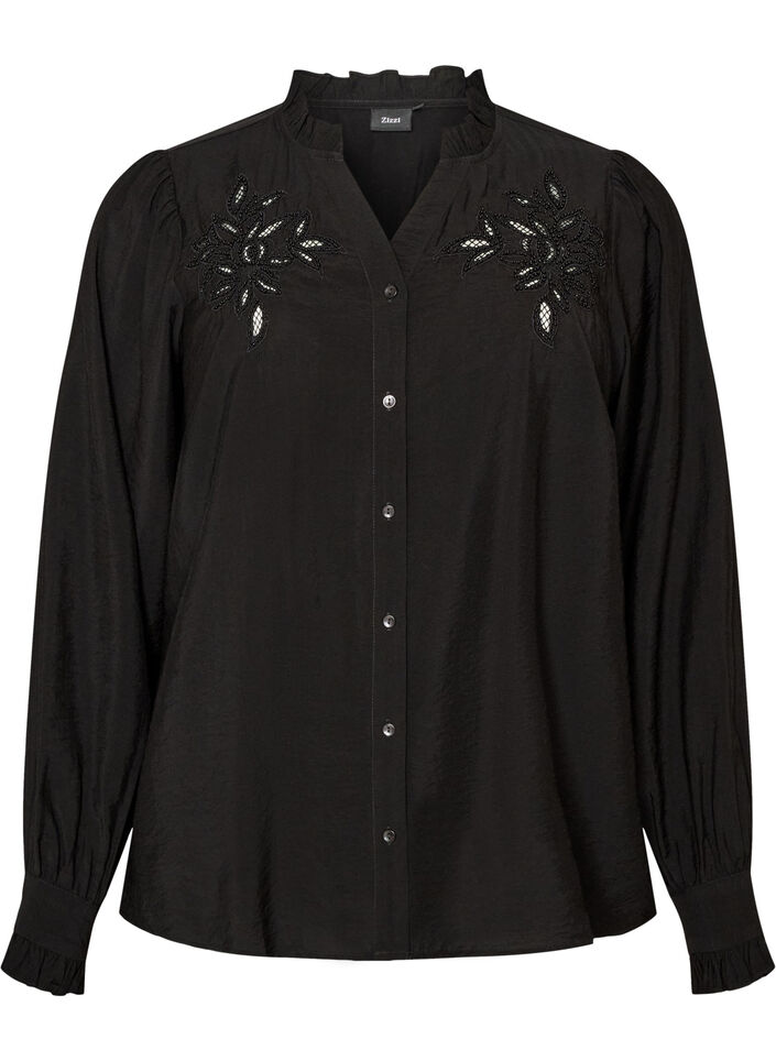 Skjortebluse med broderede blomsterapplikationer, Sort, Packshot image number 0