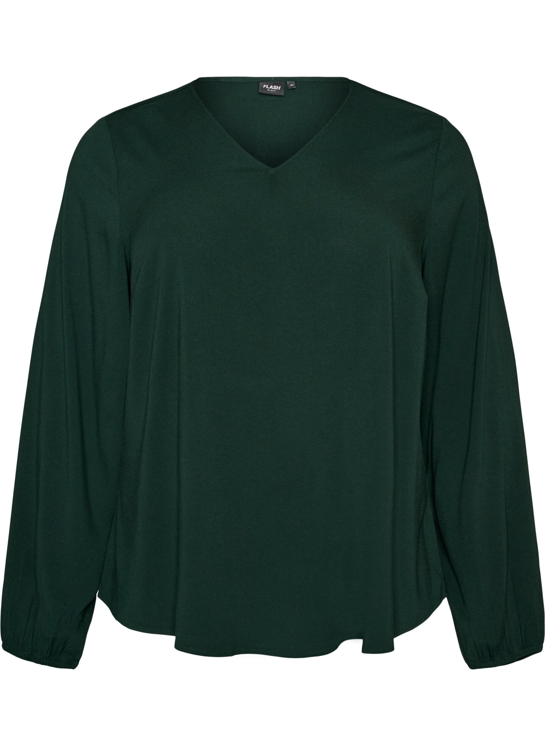 ZizziViskosebluse med V-hals og lange &aelig;rmer, Gr&oslash;n, Packshot image number 0