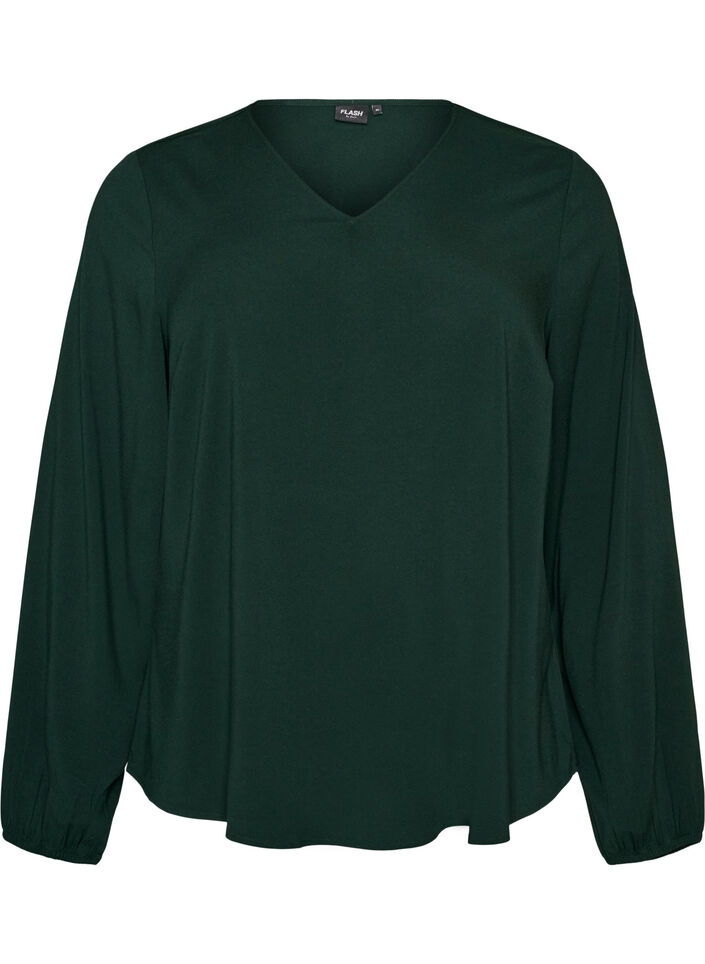 Viskosebluse med V-hals og lange &aelig;rmer, Gr&oslash;n, Packshot image number 0