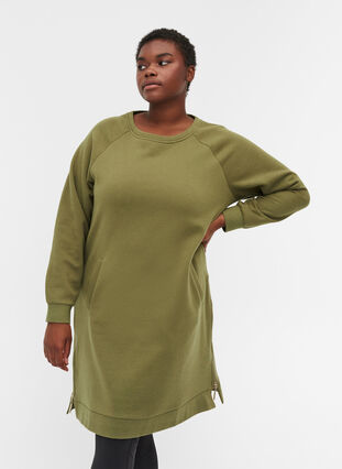 Sweatkjole med lommer og slids, Olive Drab, Model image number 0
