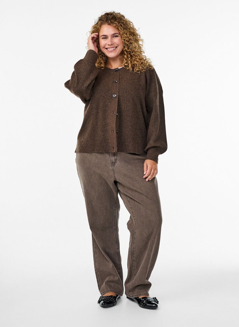 Ribstrikket cardigan med knapper, Brun, Model image number 1