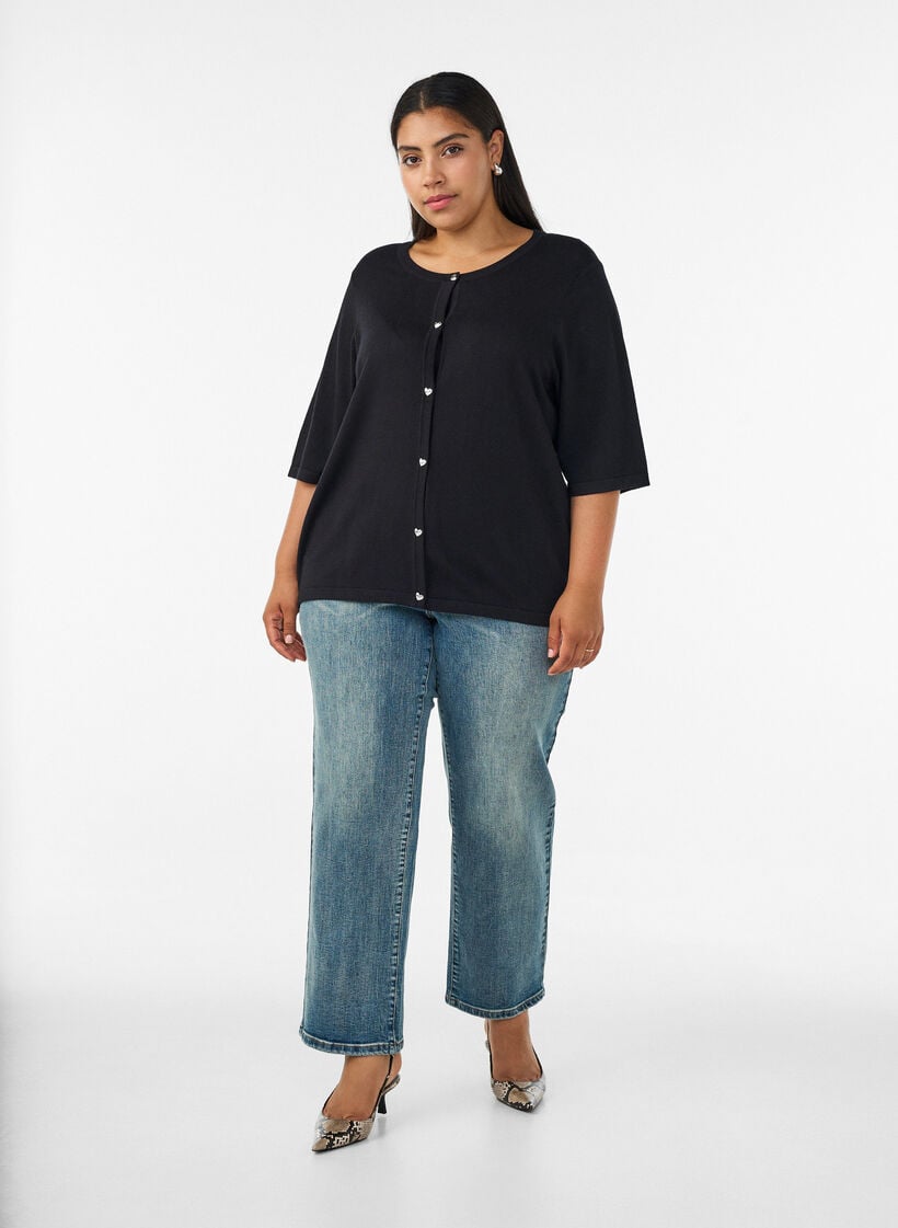 Strikket cardigan med hjerteknapper og korte &aelig;rmer, Sort, Model image number 1