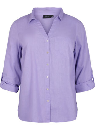 Skjortebluse med knaplukning i bomuldsmix med hør, Lavender, Packshot image number 0