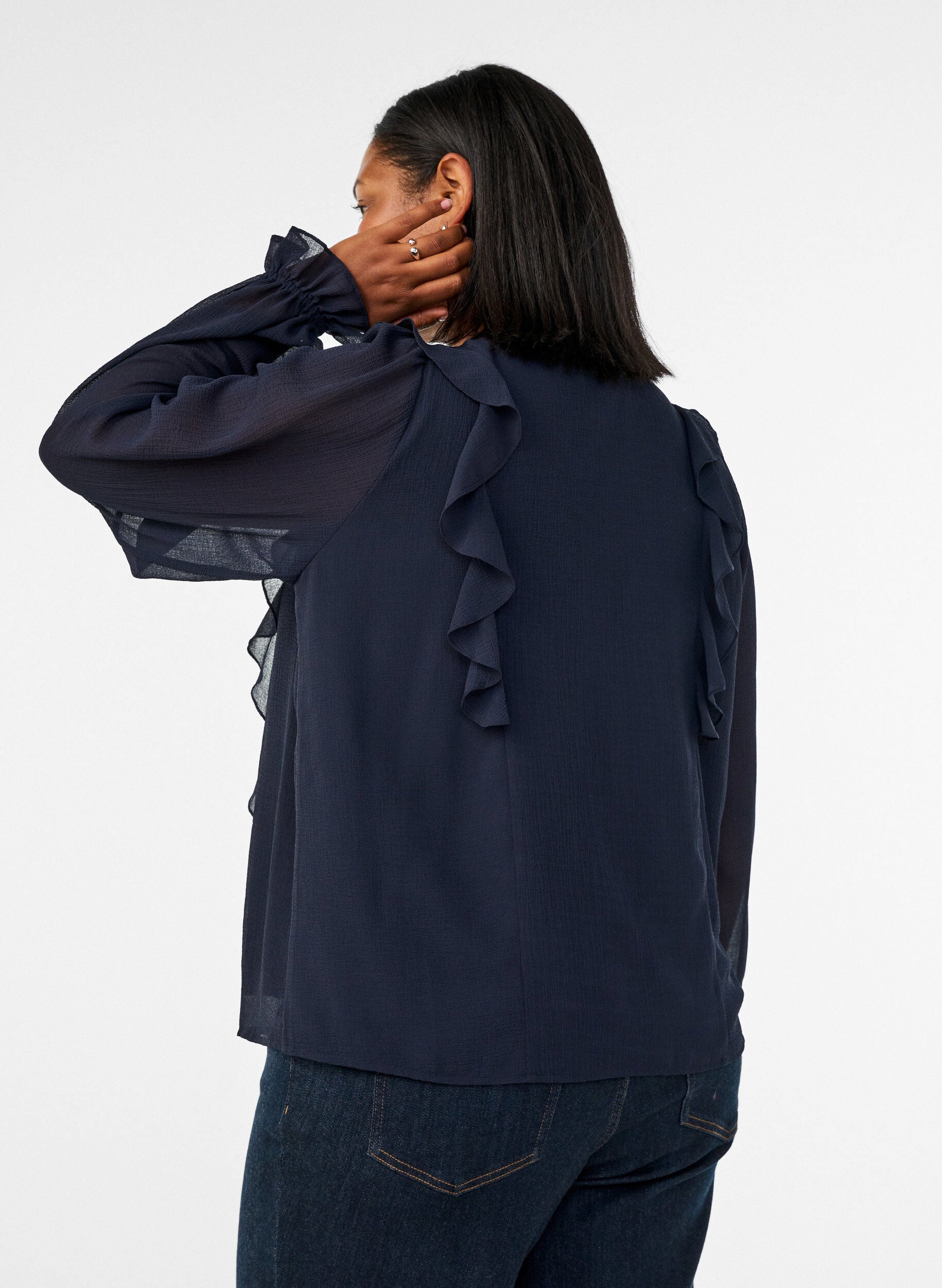 ZizziTransparent bluse med fl&aelig;ser og bindeb&aring;nd, Bl&aring;, Model image number 2