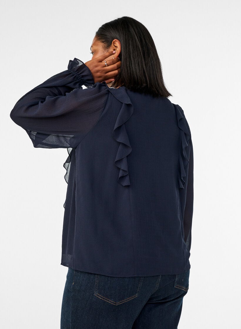Transparent bluse med fl&aelig;ser og bindeb&aring;nd, Bl&aring;, Model image number 2