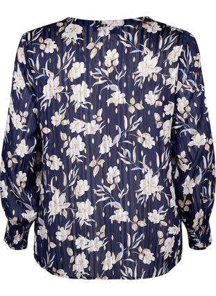 Printet bluse med smock og v-hals, Blue Flower, Packshot image number 1