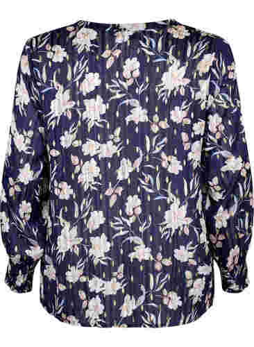 Printet bluse med smock og v-hals, Blue Flower, Packshot image number 1