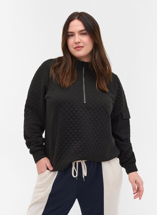 Quiltet sweatshirt med lynlås, Black, Model image number 0