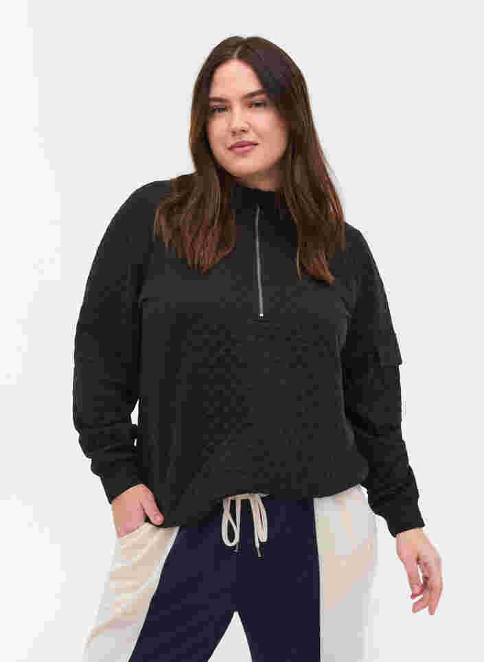 Quiltet sweatshirt med lynlås, Black, Model image number 0