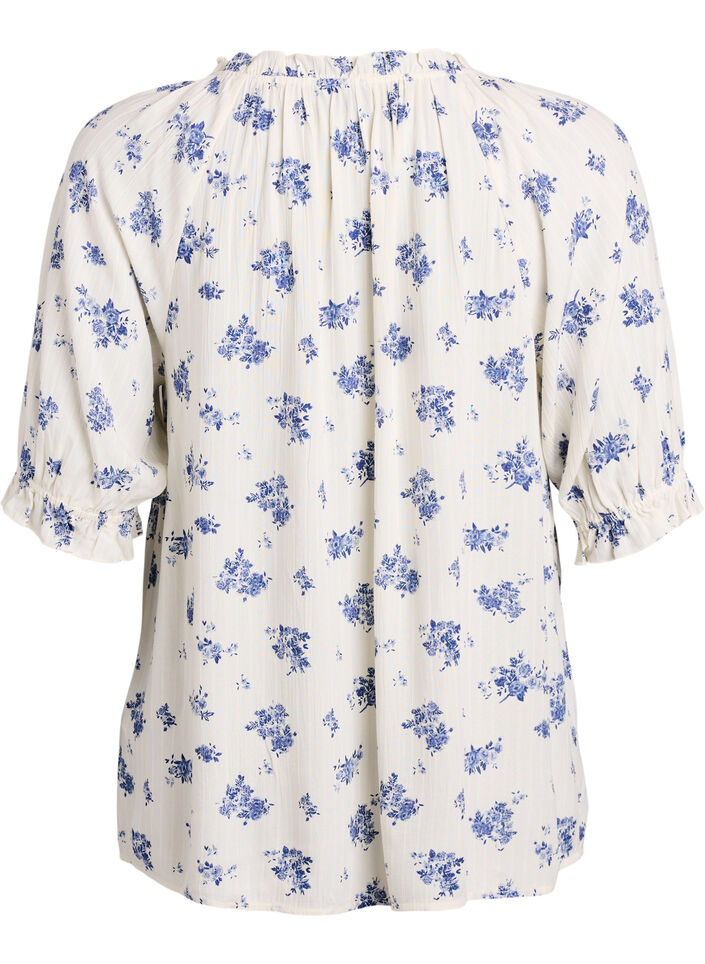 Blomstret viskosebluse med halvlange &aelig;rmer, Hvid, Packshot image number 1