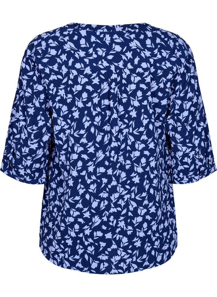 Blomstret bluse med 3/4 ærmer, M. Blue Flower AOP, Packshot image number 1