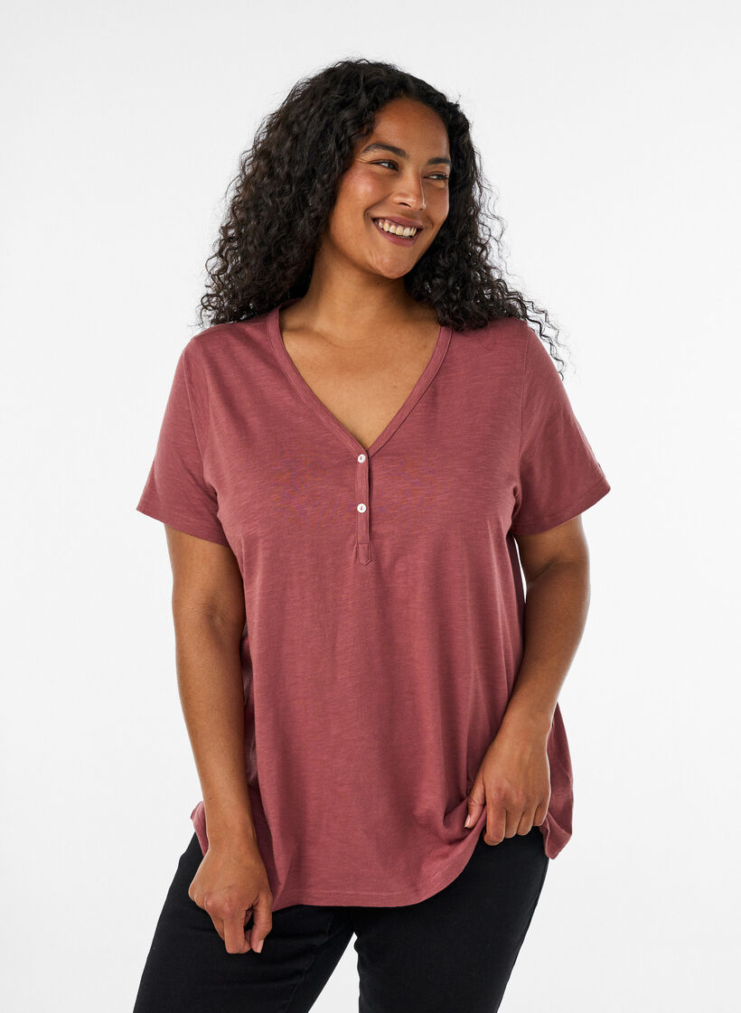 T-shirt med knapdetalje, Brun, Model image number 0