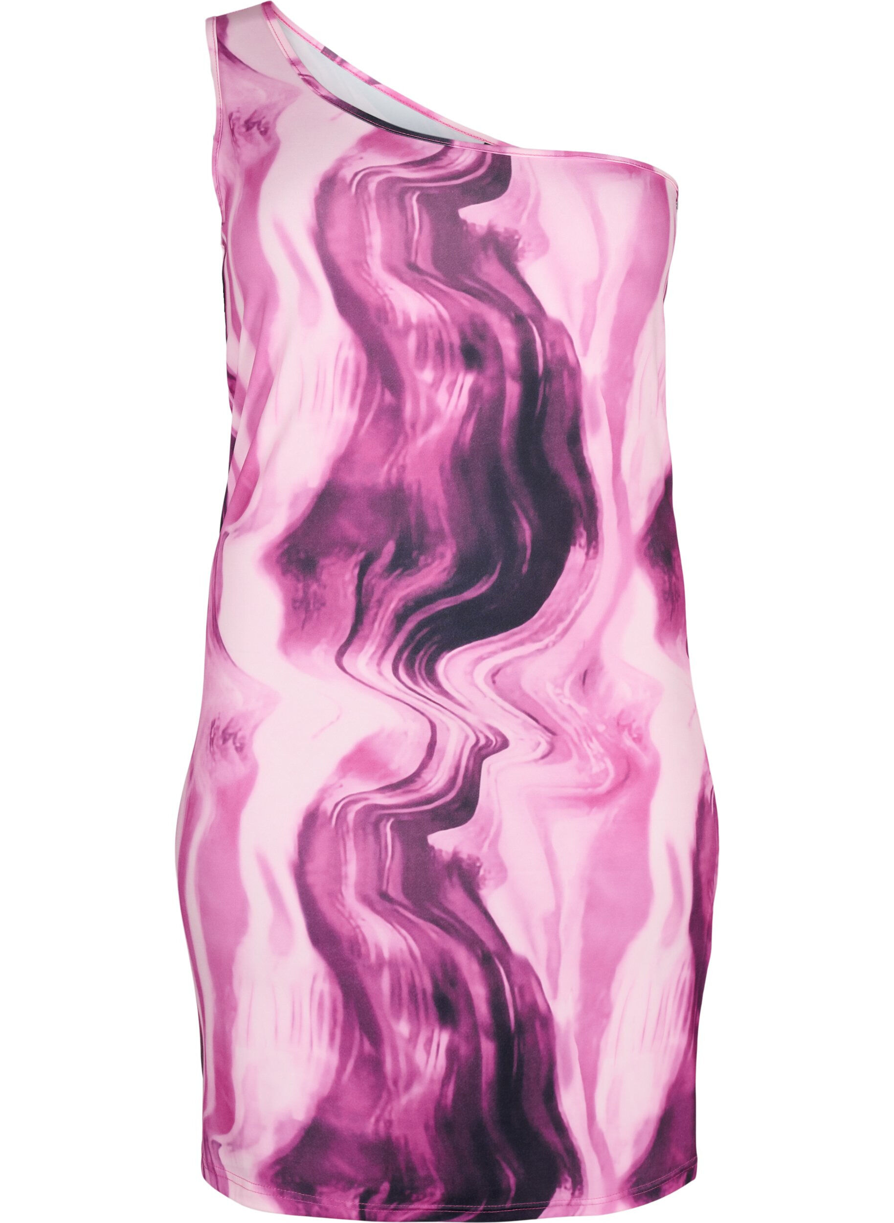 Zizzi T&aelig;tsiddende one-shoulder kjole med print, Raspberry Rose AOP, Packshot image number 0