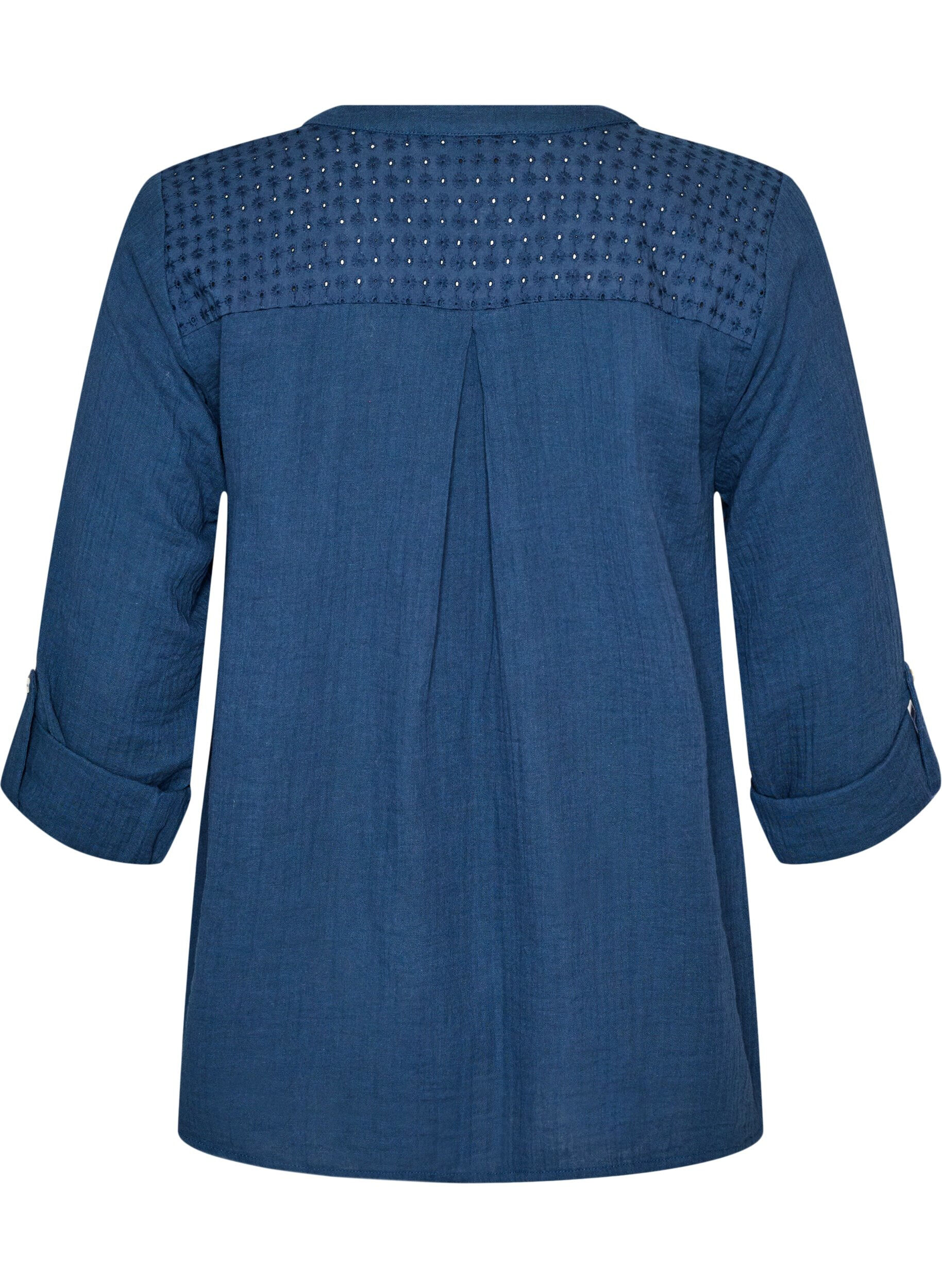 ZizziBluse i bomuldsmusselin med broderi anglaise, Bl&aring;, Packshot image number 1