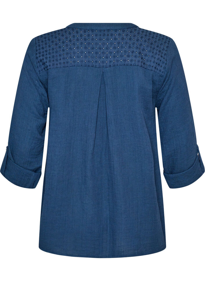 Bluse i bomuldsmusselin med broderi anglaise, Bl&aring;, Packshot image number 1