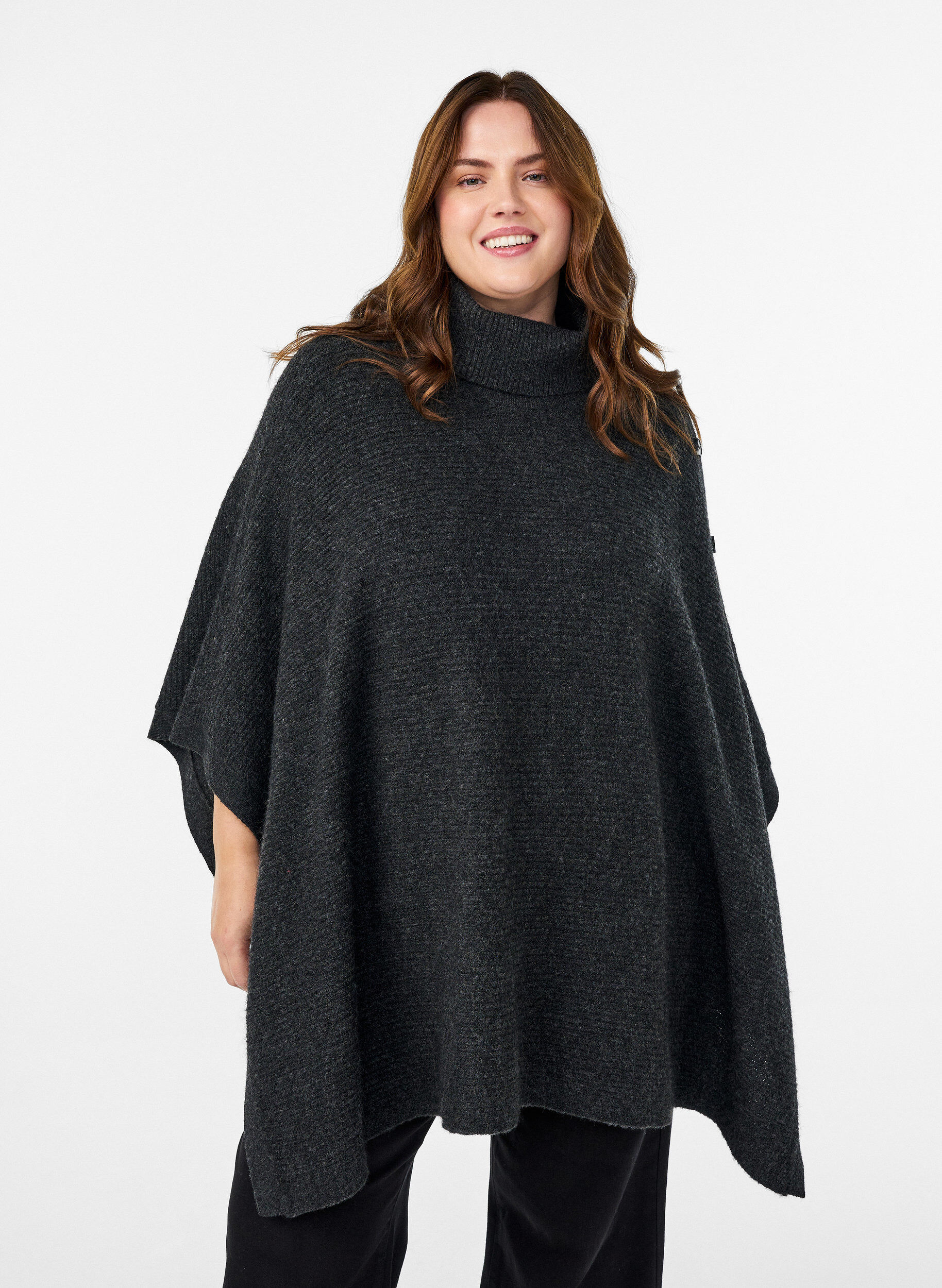 Poncho med rullekrave og knapdetalje, Gr&aring;, Model