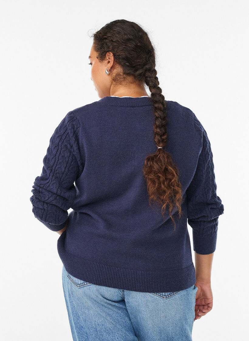 Cardigan med kabelstrikkede ærmer, Blå, Model image number 2