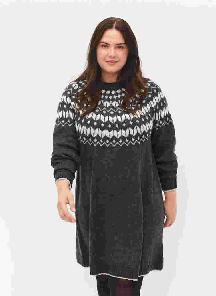 Mønstret strikkjole med uld, Dark Grey Mel Comb, Model image number 0