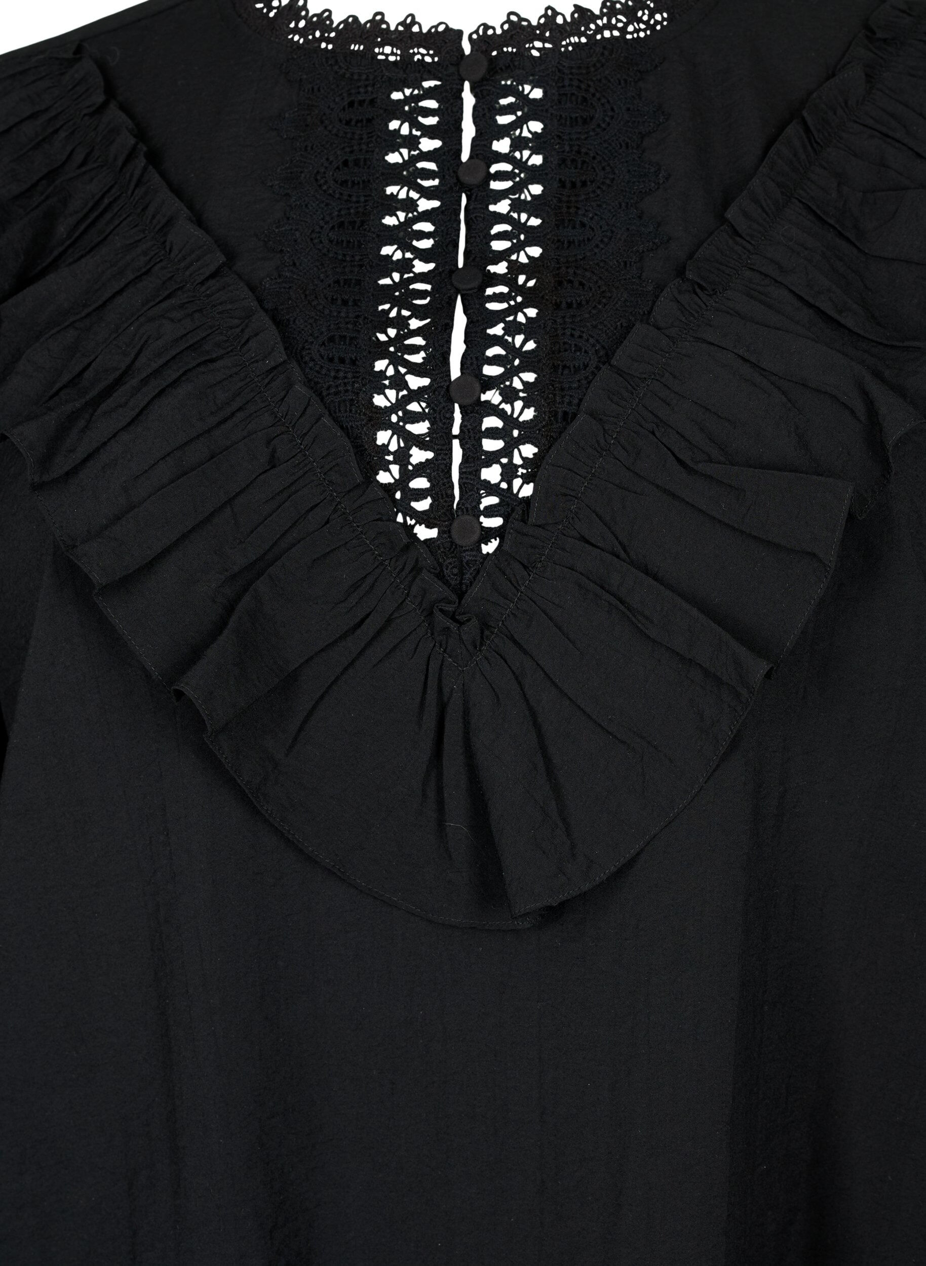 Zizzi Viskosebluse med fl&aelig;ser og broderidetalje, Black, Packshot image number 2