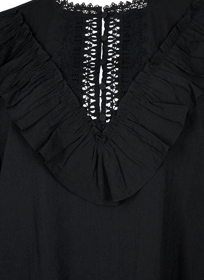 Viskosebluse med flæser og broderidetalje, Black, Packshot image number 2