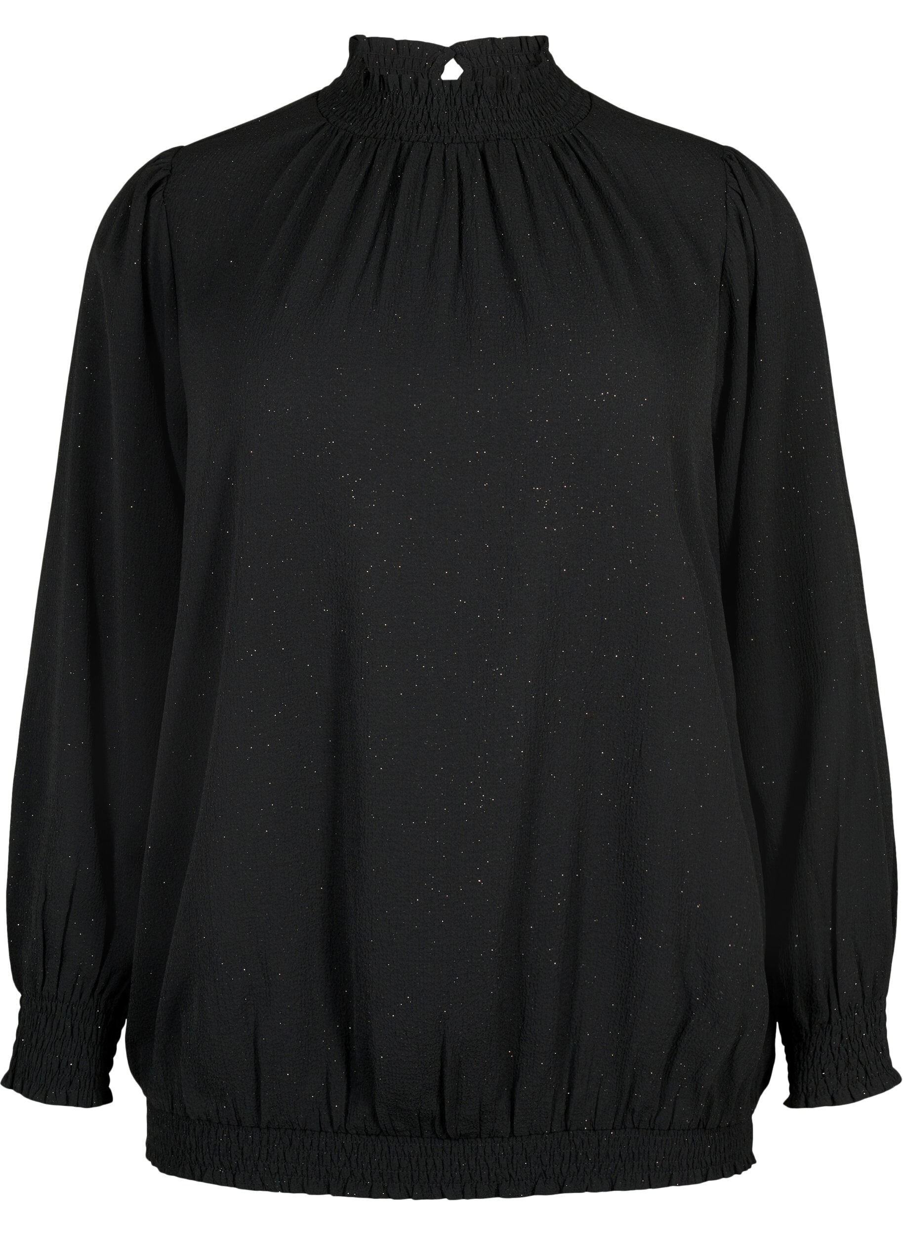 Zizzi FLASH - Lang&aelig;rmet bluse med smock og glitter, Black w. Silver, Packshot image number 0
